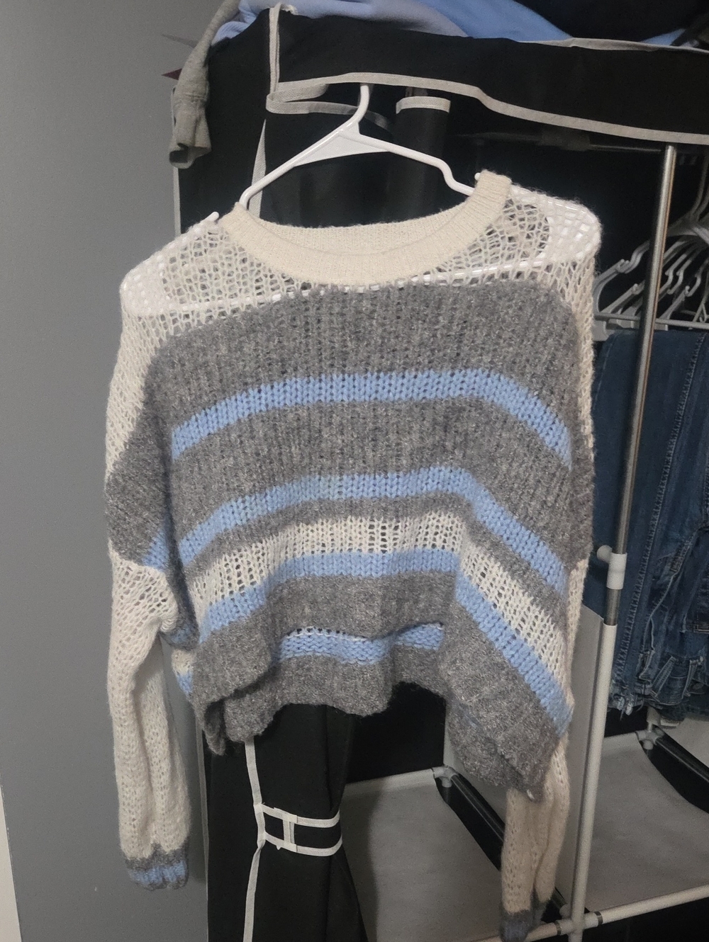 ADORA Cream, Gray & Light Blue Striped Open-Knit Crewneck Sweater